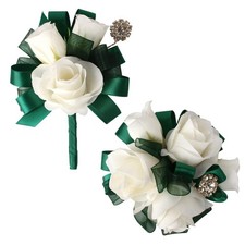 Ivory Rose Wrist Corsage Boutonniere Set Artificial Flowers Wedding Green
