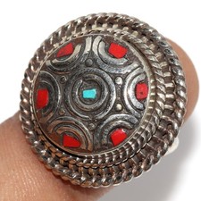Red Coral Tibetan Turquoise Nepali Tribal Ring Us FreeSize" Aesthetic MJ