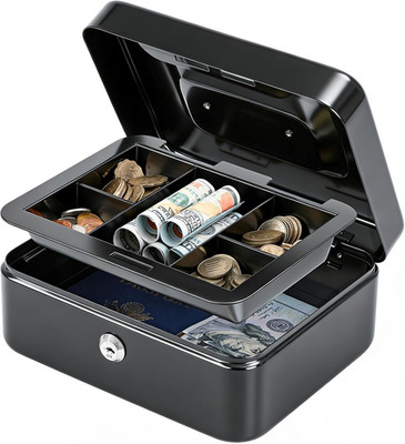Medium Cash Box with Removable Money Tray Key Lock 2 Keys Black