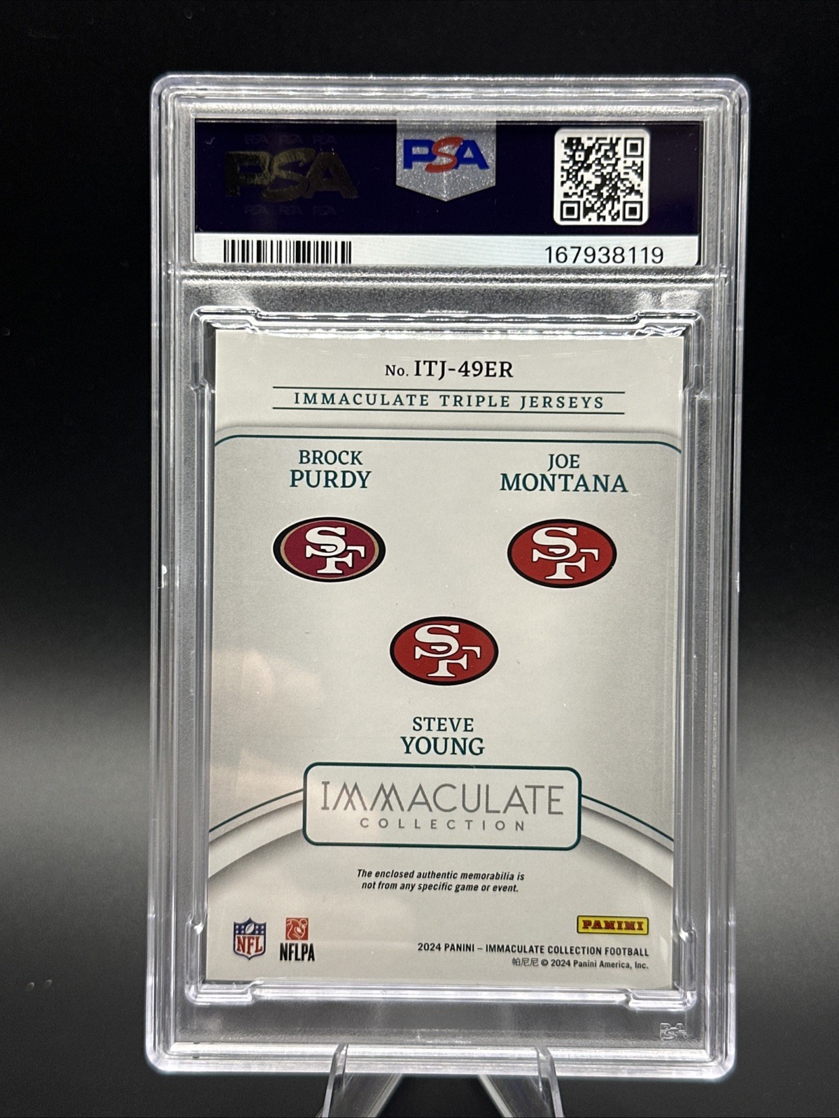 2024 Panini Immaculate - Triple Jerseys GOLD /10 Montana Young Purdy PSA 8 NM-MT view 2