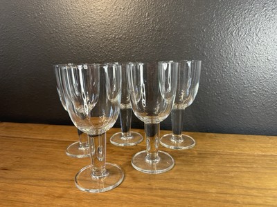 5 Danish Modern CRATE BARREL Clear Glass Short Thick Stem VIVA Water Goblets EUC
