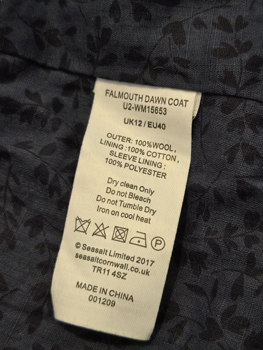 Seasalt Cornwall Coat Womens UK 12 Falmouth Dawn Wool Lined Button Front View 4