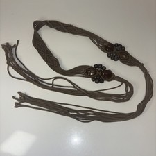 Macrame Belt Brown Beaded Wide 2" One Size Small / Med Tie Fringe Boho Fringe