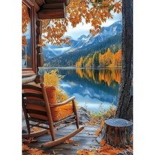 1000 Piece Puzzle, Autumn Lake Cabin Scene, Fall Foliage Mountain Landscape