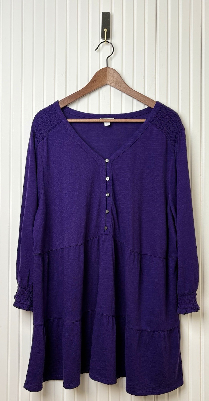 J Jill Smocked Tiered Knit Tunic Top XL Purple Casual Modest Everyday Staple