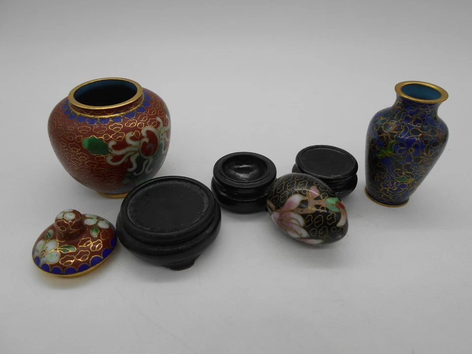 LOT 7 MINIATURE CLOCHE THÉIÈRE VASE OEUF ÉLÉPHANT URNE EN LAITON CLOISONNÉ CHINE - Photo 4/4