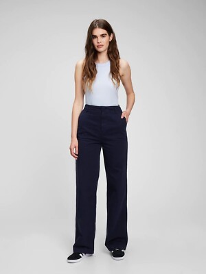 GAP 90's Mid Rise Loose Wide Leg Khakis Navy Blue 100% Cotton Pants  PETITE $80