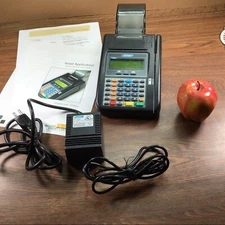 Hypercom T7Plus Credit Card Terminal Reader with Power Adapter Rear Feet Vintage