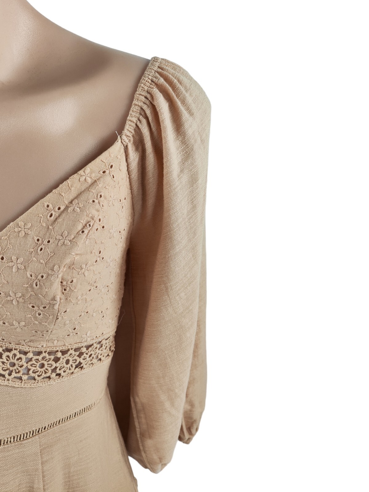 Indikah Under The Moon Puff Sleeve Dress Women's Size 10 Sand Lace Mini Backless image 3