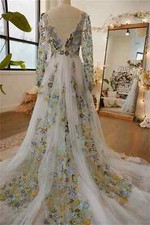 Elegant Lace Long Sleeve V-Neck A-Line Wedding Dress Sweet 3D Floral Bridal Gown