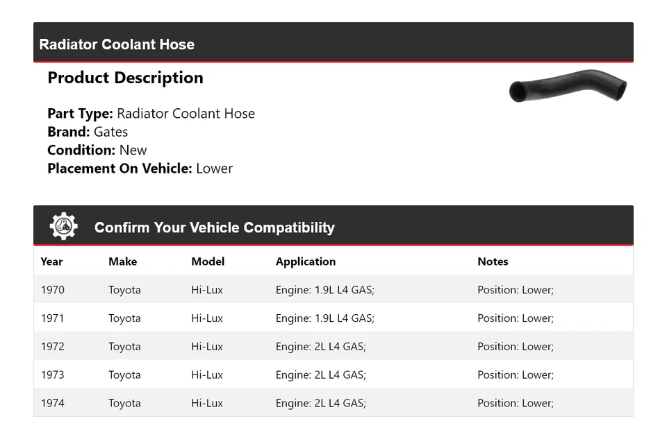 For 1970-1974 Toyota Hi-Lux Radiator Coolant Hose Lower Gates 1971 1972 1973 - Image 2 of 4