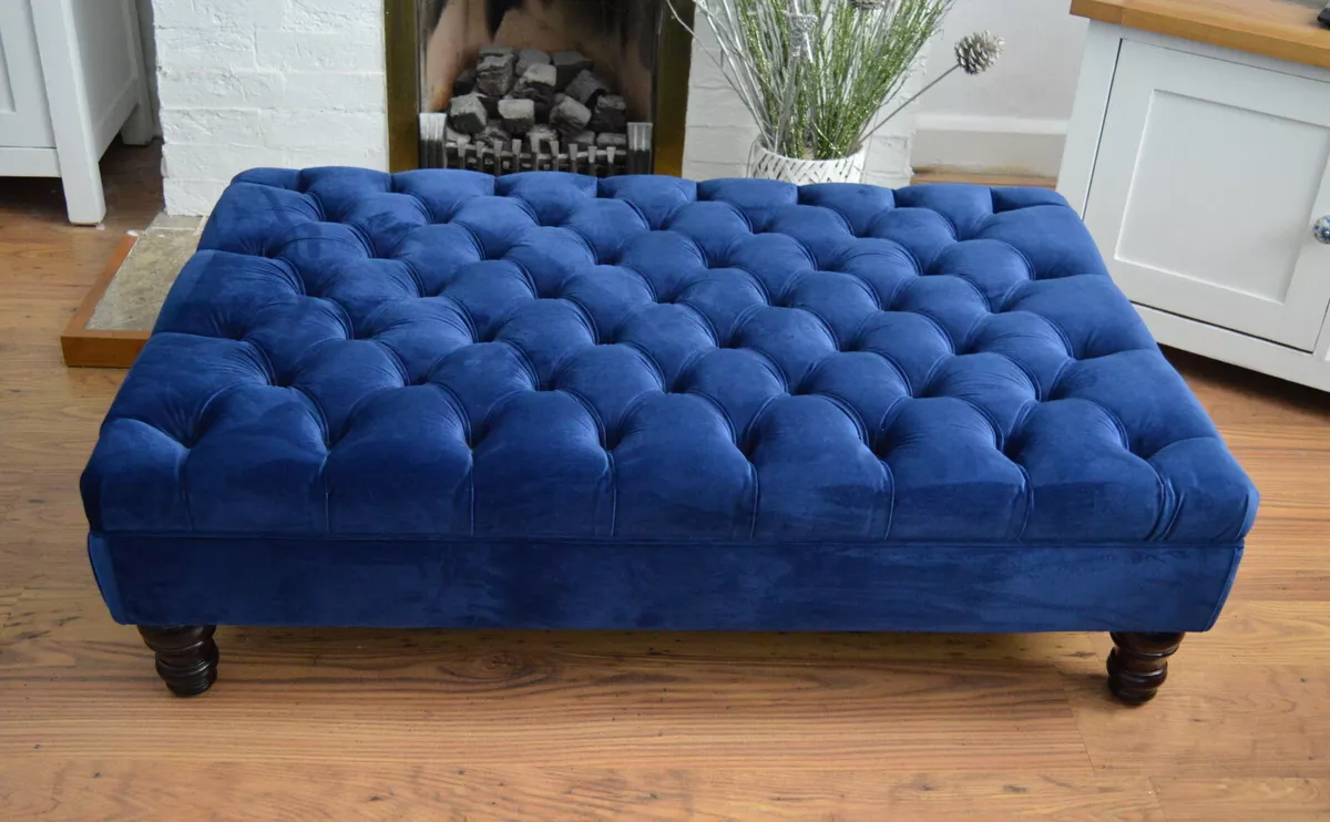 Extra Large Chesterfield Deep Button Footstool in Royal Blue Velvet Fabric