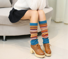 Colour Block Stripe Wool Knitted Leg Warmer Women Socks Gifts Crochet Leggings
