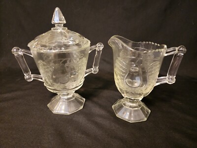 Jeannette Crystal Footed Sugar Bowl and Creamer Set Double Baltimore Pear B27
