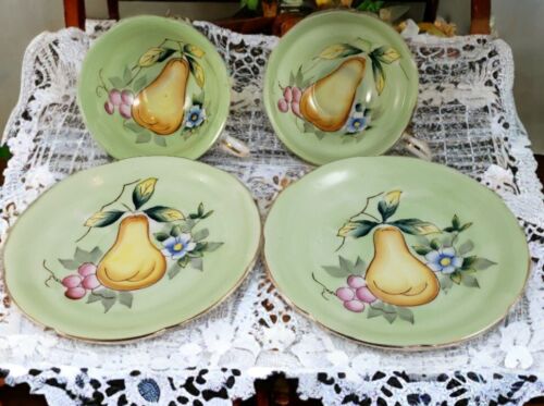 Vintage Fern Hand Painted Pear Cup & Saucer Sets Japan Green Fruit Floral