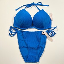 Victoria Secret 38D L Bombshell Push Up Bikini Top Bottom Set Textured Blue