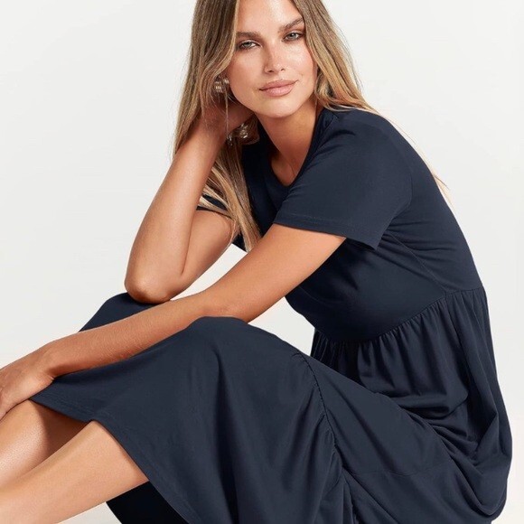 ANRABESS Peasant Tiered Dress Navy Large Modest