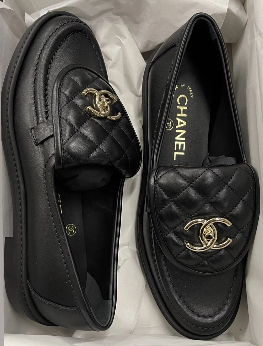 Chanel Black Quilted Flap Turnlock CC Logo Gold Mule Loafer, SZ 38.5