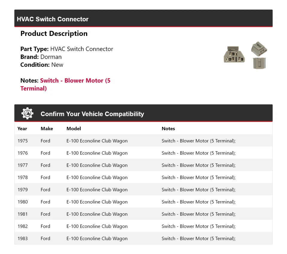 Conector interruptor HVAC Dorman 1976 para Ford E-100 Econoline Club Wagon 1975-1983 Foto 2 de 4