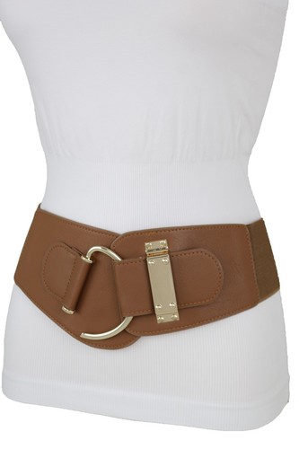 Women Brown Faux Leather Wide Elastic 