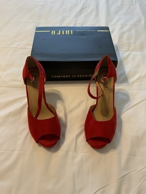 Red IDIFU Platform Heels W/ Chunky Block Heel Open Toe Ankle Strap Size 9
