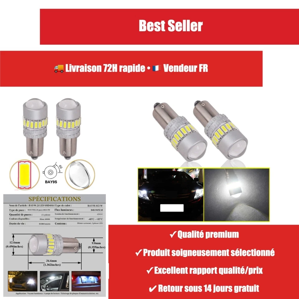 Ampoule LED H21W BAY9S 10W 6000K 12-24V Bus CAN Eseastar - Photo 1/4