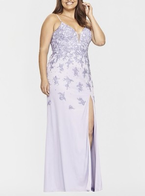 Faviana 9539 Floral Embroidered Gown Size 12W Peri Lilac High Slit Formal Dress