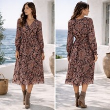 Just Taylor Midi Dress 16 Paisley Print Smocked Waist Long Sleeve Boho Peasant