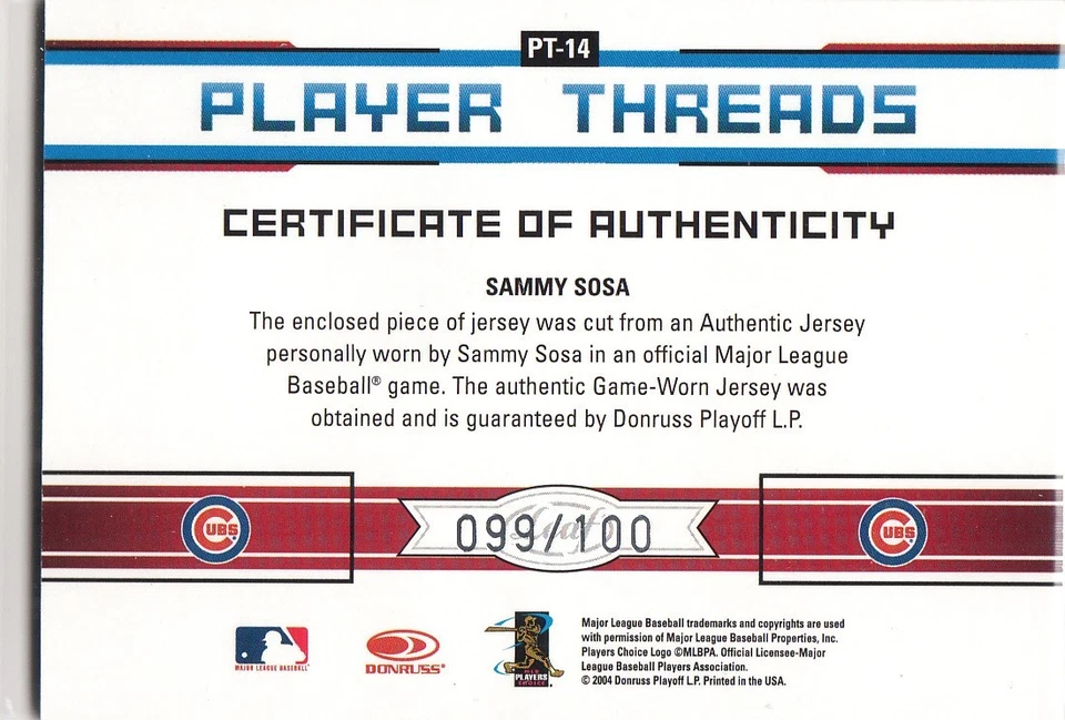 2004 Leaf Limited Player Threads /100 Relic SAMMY SOSA GU Jersey Cubs - Image 2 of 2