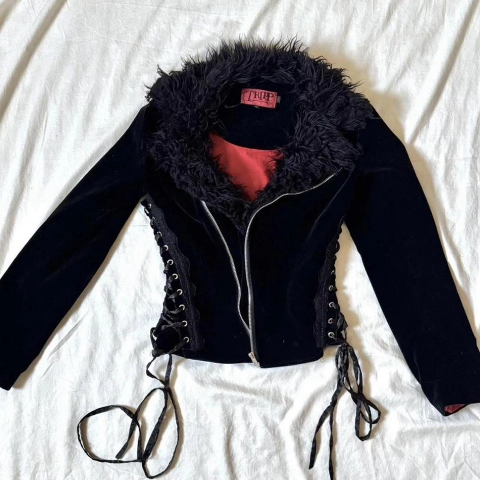 Tripp NYC Jacket Women S Black Velvet Fur Trim Lace Corset Goth Steampunk Emo - Image 2 of 4