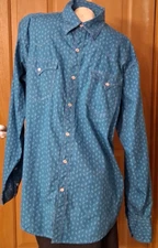 Roper Western Shirt Blue Long Sleeves Faux Pearl Snaps Men's Size M