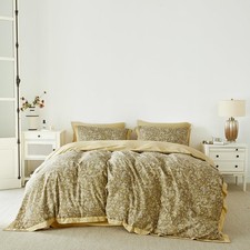 Taupe Floral Duvet Cover Queen 100 Cotton 3 Pcs Set 1 Decorative Yellow Ruff...