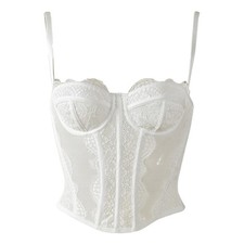 Women Push Up Mesh Corset Crop Top Spaghetti Strap Fishboned Lace Camisole Vest