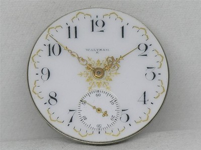 ANTIQUE 16S WALTHAM GOLD FOIL & ENAMEL FANCY DIAL POCKETWATCH MOVEMENT, RUNNING!