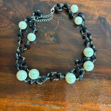 White House Black Market Vintage Faux Pearl Black Faceted Bead Necklace Silver