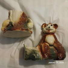 VTG  American Bisque Planters Bear on a Log and Hollow Log with Mushrooms