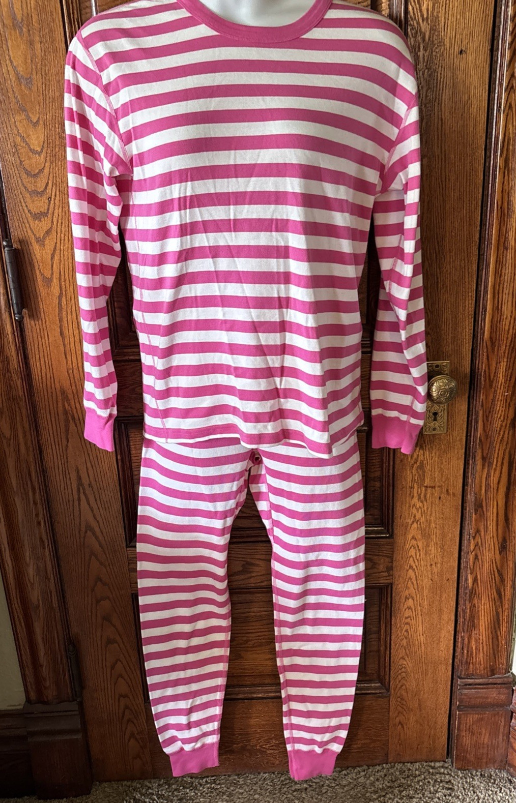 Hanna Andersson Women’s Pink & White Striped Long John Pajama PJs SET Size Large