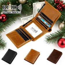 Mens Genuine Leather RFID Blocking Trifold Wallet For Men Slim Minimalist Wallet