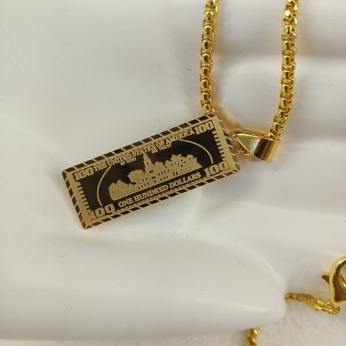 Men Chain link Pendant "100 dollars" Necklace 22" Brass Plated Gold - Picture 2 of 8