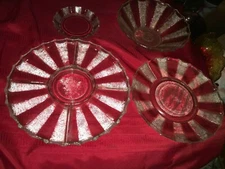 RARE Set of 4 JEANNETTE GLASS Dewdrop PANEL Clear Raised HOBNAIL DOTS Plate BOWL