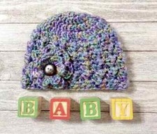crochet handmade baby beanie flower hat newborn 0/3 months purple mix puffs
