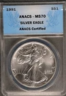 1991 American Silver Eagle ANACS MS70 Blue Label 70 LOW POP FREE SHIPPING