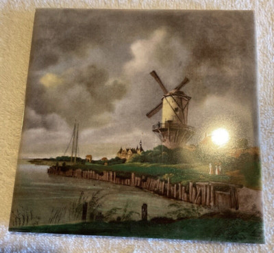Vintage Ceramic Folk Art Tile Windmill Seaside  Countryside RAKO Czechoslovakia