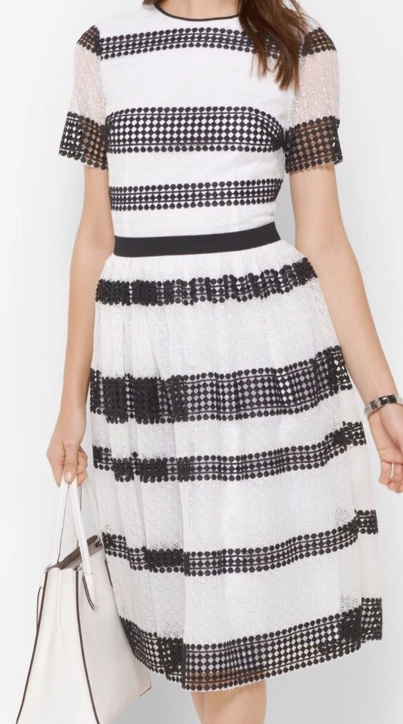 NUOVO! Abito MICHAEL MICHAEL KORS a righe all'uncinetto nero bianco taglia 10