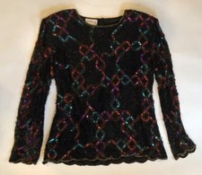 Vtg 80s Silk Sequin Colorful Beaded Blouse Top Long Sleeve Black Trophy M L