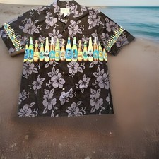 KYS Hawaiian Camp Shirt Lager Beers & Floral Print Men’s Large Black USA Made