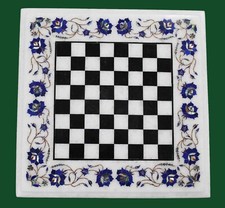 White Marble Chess Table Top, Lapis Lazuli Floral Marquetry, Chess Table Decors 