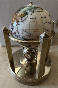 Vintage Mother of Pearl & Abalone Inlay Rotating Globe w/ 3 Clocks & Thermometer