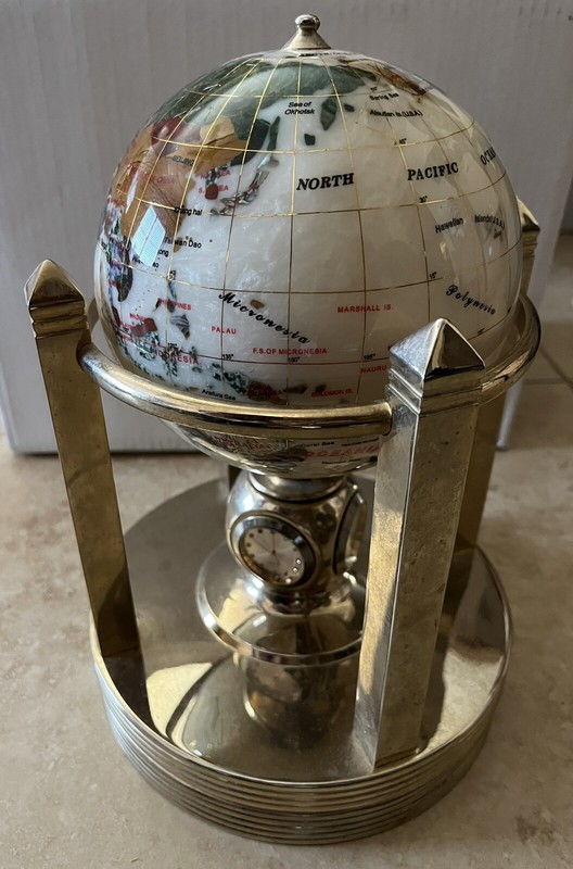 Vintage Mother of Pearl & Abalone Inlay Rotating Globe w/ 3 Clocks & Thermometer