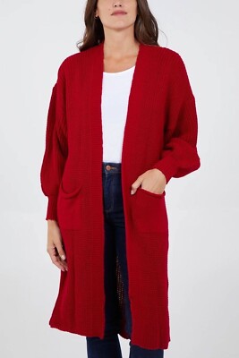Longline Strickjacke blutrot doppelte Taschen hergestellt in UK Einheitsgröße 8-16